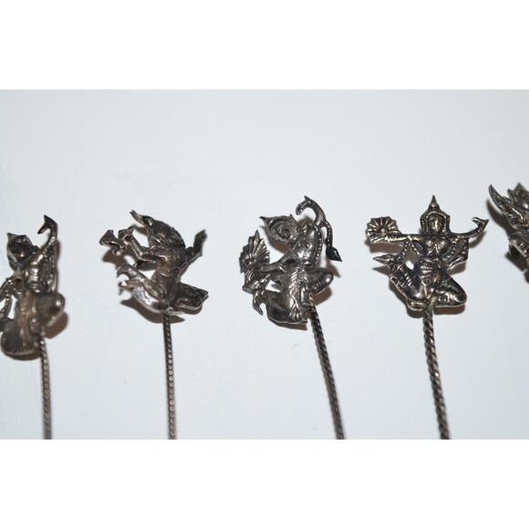 Vtg Silvertone Cocktail Picks Asian Oriental Appetizer Siam Dancer Medieval 12pc - Picture 4 of 10